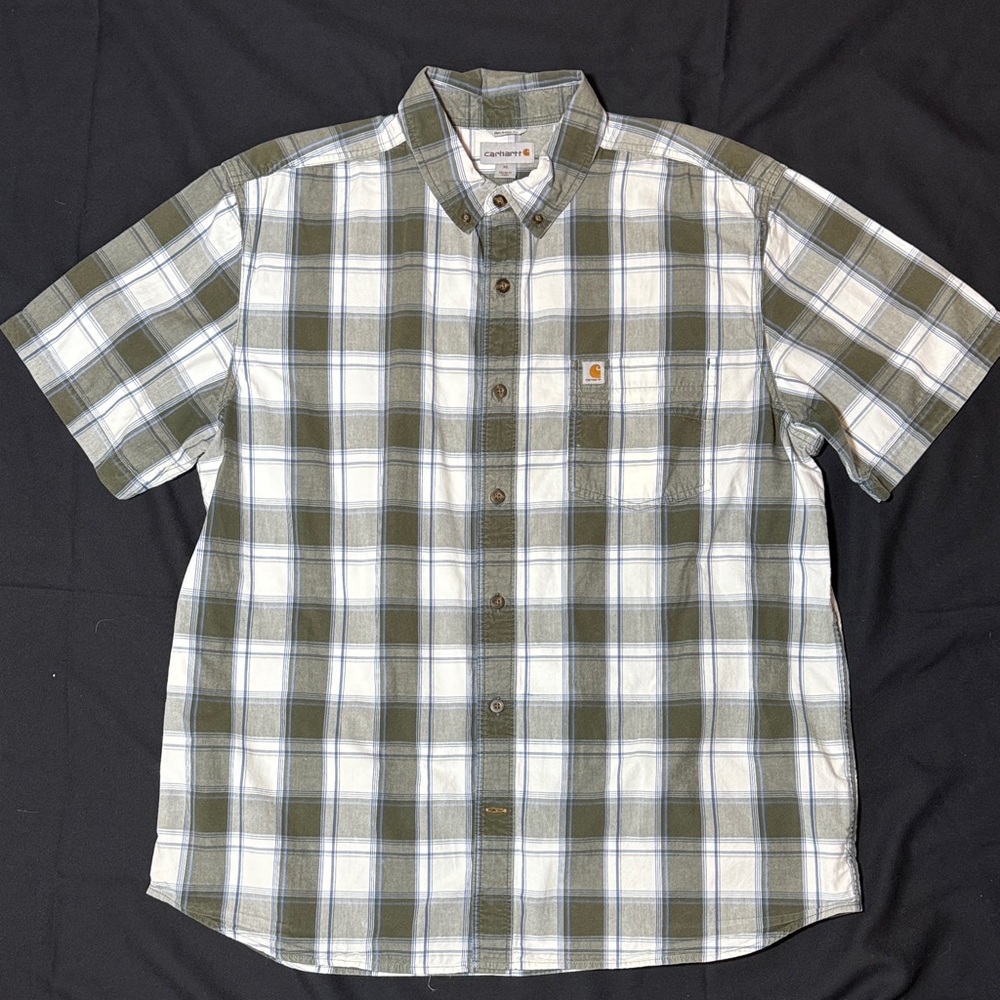 Carhartt Men's Olive and White Plaid Button Down Relaxed Fit  Shirt XL